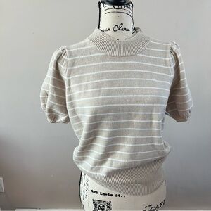 French connection Striped puffed short sleeve sweater Ladies xs beige tan white